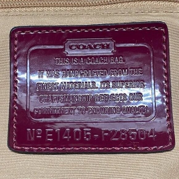 Coach Signature Stripe Shoulder Bag F28504 Patent Leather Trim Tan Raspberry GUC - Picture 15 of 16